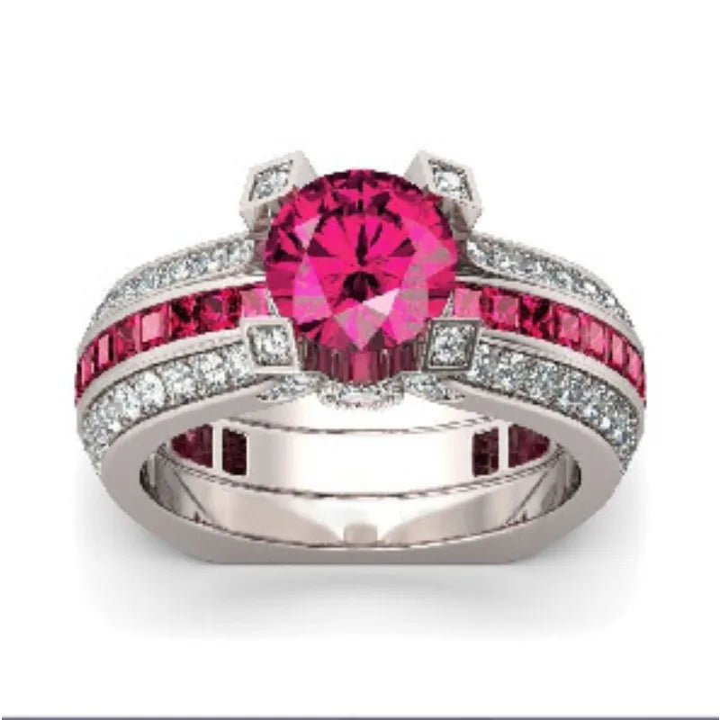 Lose Money Sell 2-in-1 Lab Ruby Diamond Ring Set 925 Sterling Silver Wedding Band Rings for Women Men Promise Party Jewelry Gift