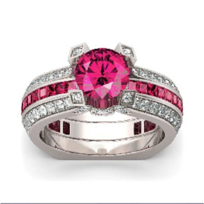 Lose Money Sell 2-in-1 Lab Ruby Diamond Ring Set 925 Sterling Silver Wedding Band Rings for Women Men Promise Party Jewelry Gift