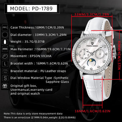 2024 PAGANI DESIGN New 33MM Fashion Multifunctional Women Quartz Watches 50M Waterproof Sapphire Glass Moonphase Watch for Women