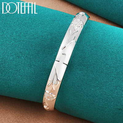 DOTEFFIL 925 Sterling Silver Flower Rose Cuff Bangle Bracelet For Women Wedding Engagement Jewelry Party Gift