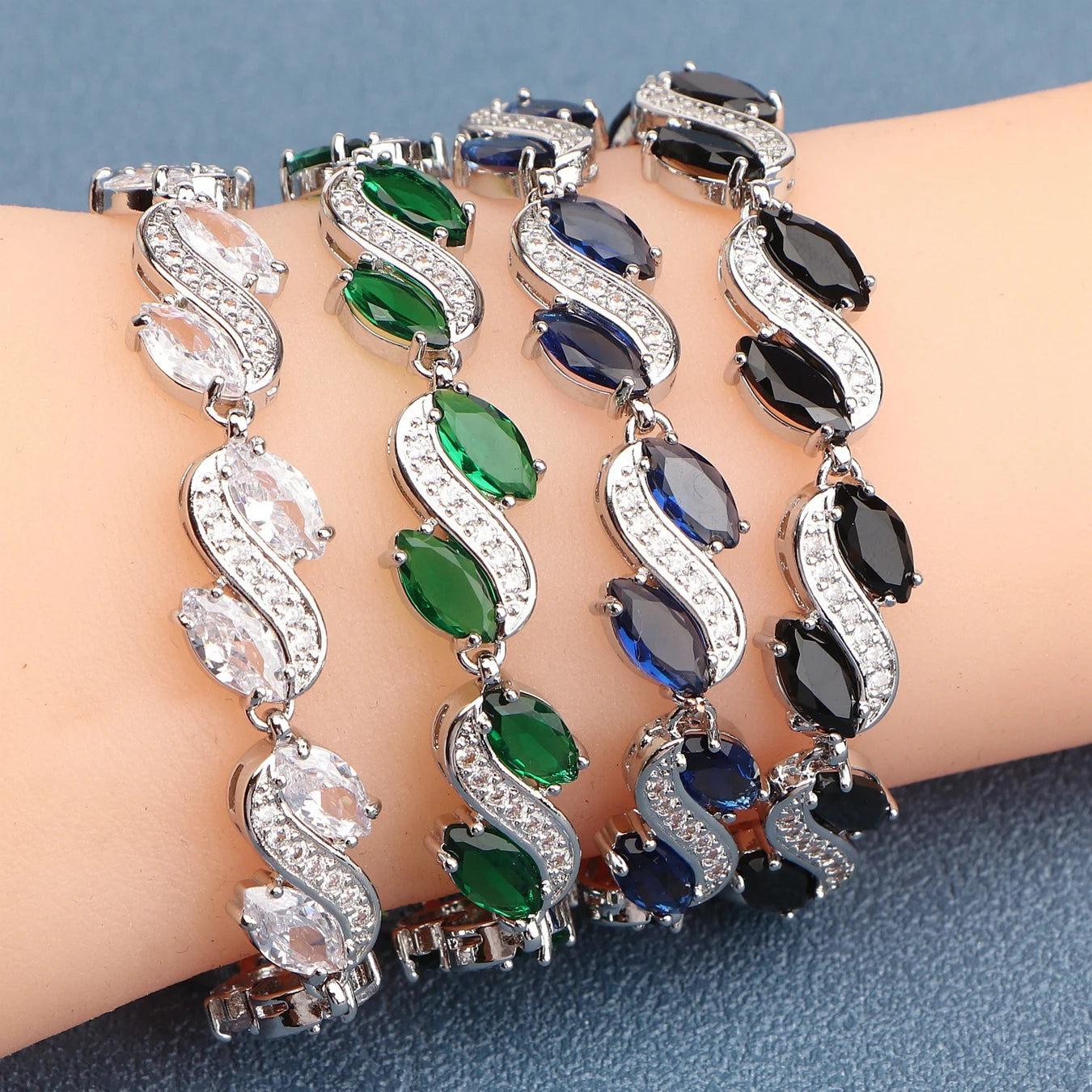 925 Silver Charm Green Cubic Zircon Bracelets For Women Wedding Jewelry 18+2CM Length