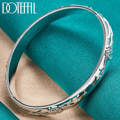 DOTEFFIL 925 Sterling Silver Flower Rose Cuff Bangle Bracelet For Women Wedding Engagement Jewelry Party Gift