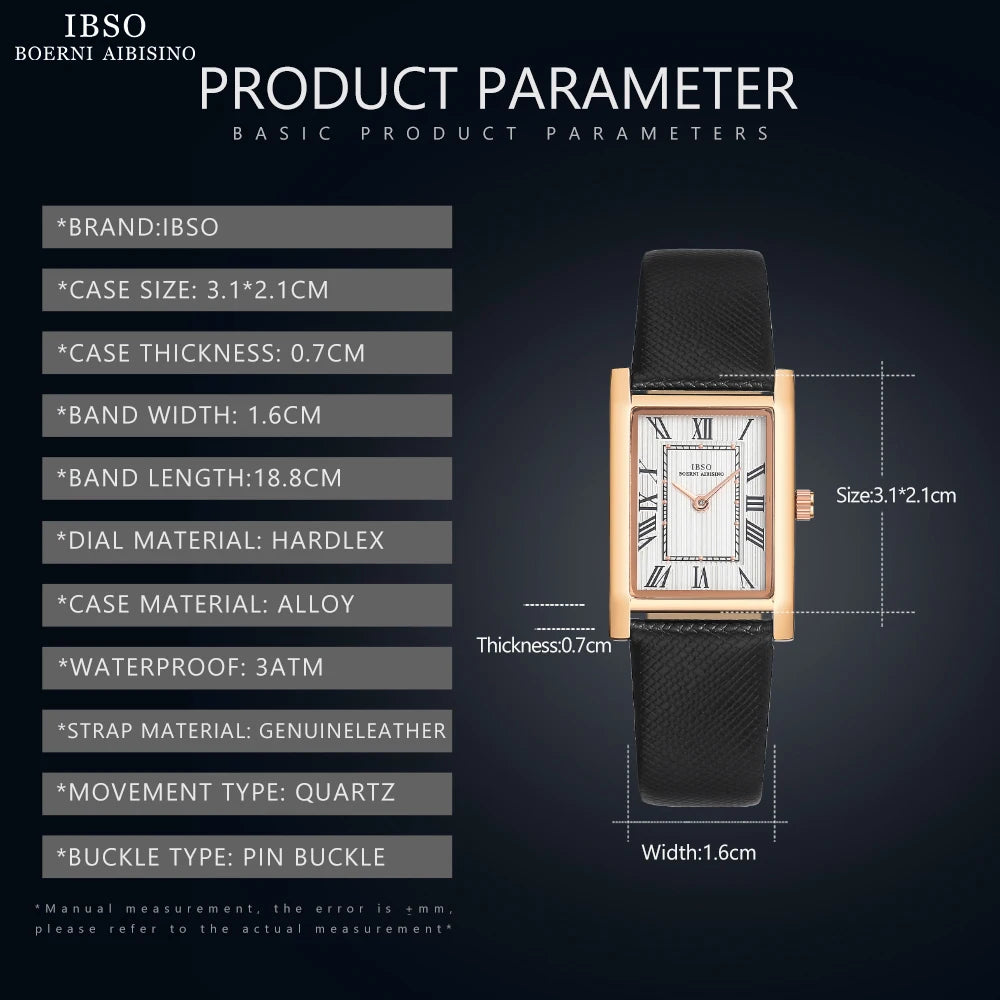 IBSO Ultra-Thin Slim Women Watches Japanese Seiko Movement Y120 Rectangle Dial Genuine Leather Strap 30m Waterproof Women's Gift