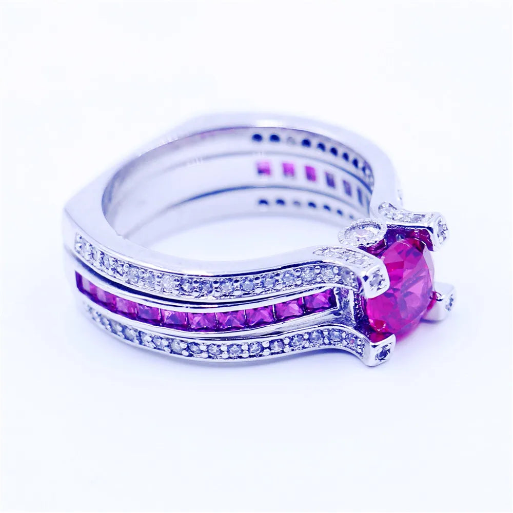 Lose Money Sell 2-in-1 Lab Ruby Diamond Ring Set 925 Sterling Silver Wedding Band Rings for Women Men Promise Party Jewelry Gift