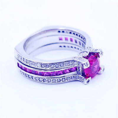 Lose Money Sell 2-in-1 Lab Ruby Diamond Ring Set 925 Sterling Silver Wedding Band Rings for Women Men Promise Party Jewelry Gift