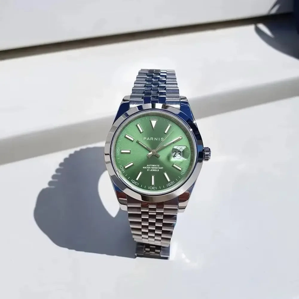 Parnis 39mm Man Watches Calendar Green/Blue/White Dial Miyota 8215 Movement 21 Jewels Automatic Mechanical Stainless Steel Strap