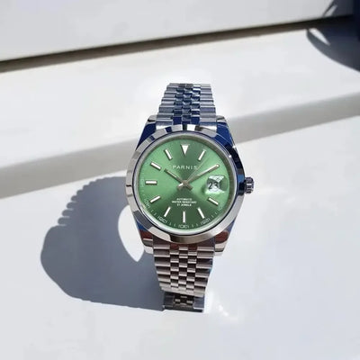 Parnis 39mm Man Watches Calendar Green/Blue/White Dial Miyota 8215 Movement 21 Jewels Automatic Mechanical Stainless Steel Strap