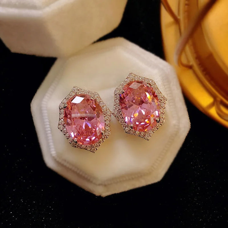Statement Stud Earring Pink AAAAA Zircon 925 sterling silver Jewelry Engagement Wedding Earrings for Women Bridal Promise Gift
