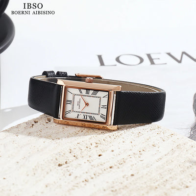 IBSO Ultra-Thin Slim Women Watches Japanese Seiko Movement Y120 Rectangle Dial Genuine Leather Strap 30m Waterproof Women's Gift