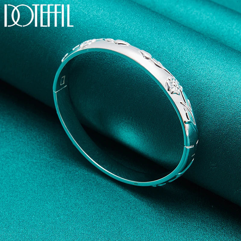 DOTEFFIL 925 Sterling Silver Flower Rose Cuff Bangle Bracelet For Women Wedding Engagement Jewelry Party Gift