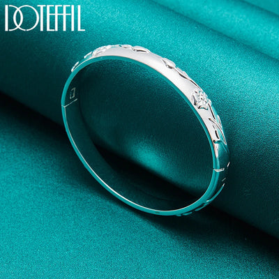 DOTEFFIL 925 Sterling Silver Flower Rose Cuff Bangle Bracelet For Women Wedding Engagement Jewelry Party Gift