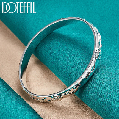 DOTEFFIL 925 Sterling Silver Flower Rose Cuff Bangle Bracelet For Women Wedding Engagement Jewelry Party Gift