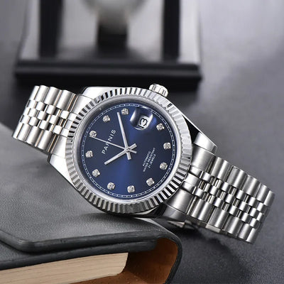 Parnis 39mm Man Watches Calendar Green/Blue/White Dial Miyota 8215 Movement 21 Jewels Automatic Mechanical Stainless Steel Strap