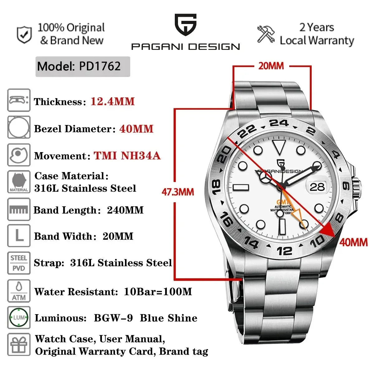 PAGANI DESIGN 2025 New NH34 Men's Sports Automatic Mechanical GMT Sapphire Stainless Steel Waterproof 10Bar BGW-9 reloj hombre