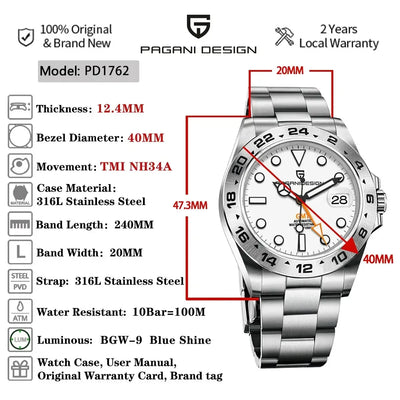 PAGANI DESIGN 2025 New NH34 Men's Sports Automatic Mechanical GMT Sapphire Stainless Steel Waterproof 10Bar BGW-9 reloj hombre